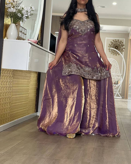 Embroidery Sequence Worked Top - Palazzo And Dupatta Set - Ready To Wear - Rosepetals Luxe