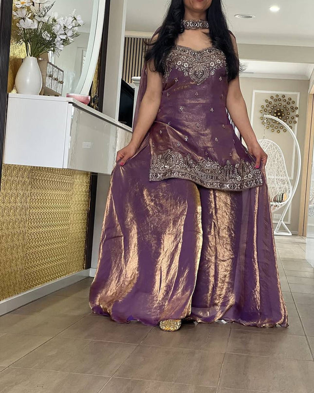 Embroidery Sequence Worked Top - Palazzo And Dupatta Set - Ready To Wear - Rosepetals Luxe