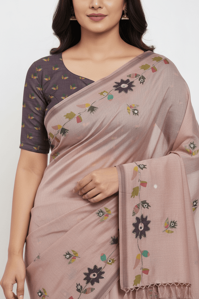 Erode Silk Saree with Digital Print, Aari Work & Mirror Tassel Pallu - Rosepetals Luxe