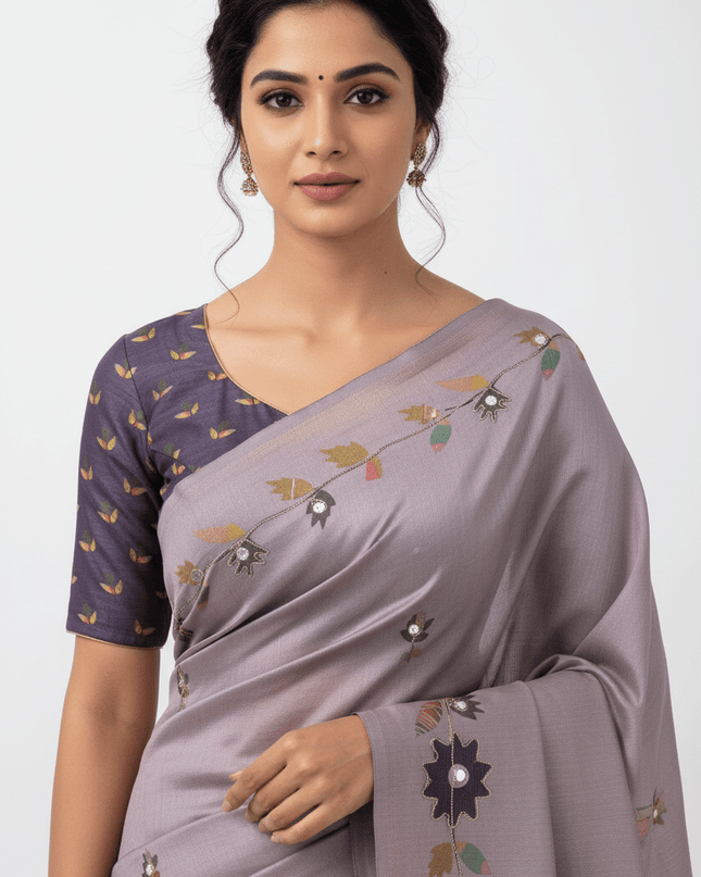 Erode Silk Saree with Digital Print, Aari Work & Mirror Tassel Pallu - Rosepetals Luxe