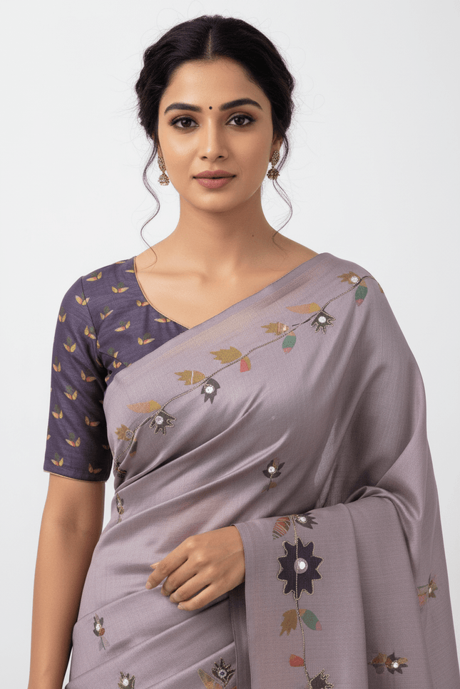 Erode Silk Saree with Digital Print, Aari Work & Mirror Tassel Pallu - Rosepetals Luxe