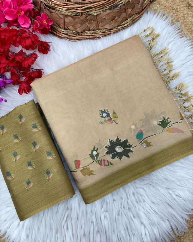 Erode Silk Saree with Digital Print, Aari Work & Mirror Tassel Pallu