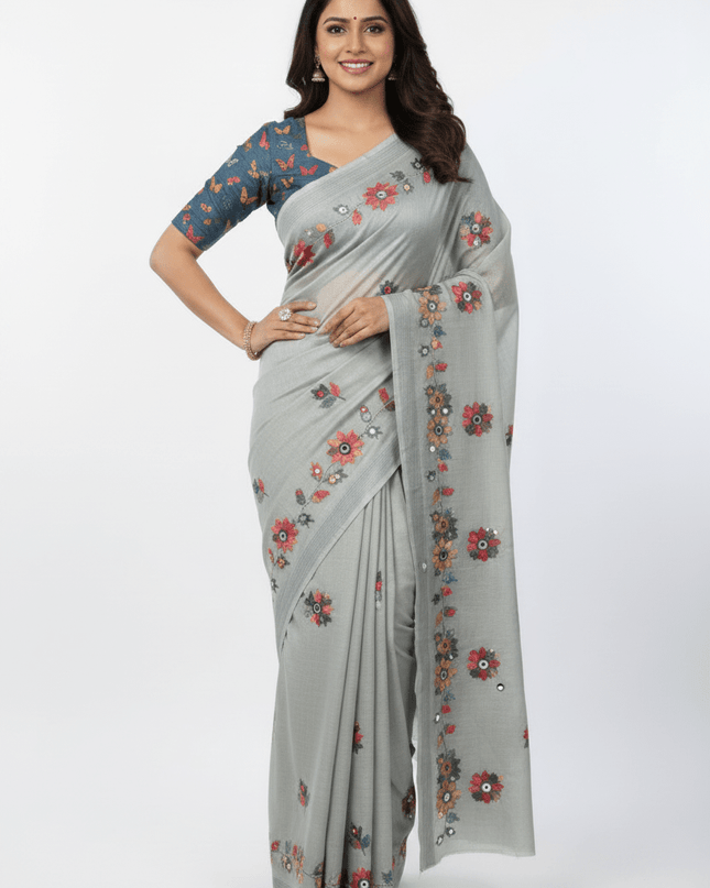 Erode Silk Saree with Digital Print, Aari Work & Mirror Tassel Pallu - Rosepetals Luxe