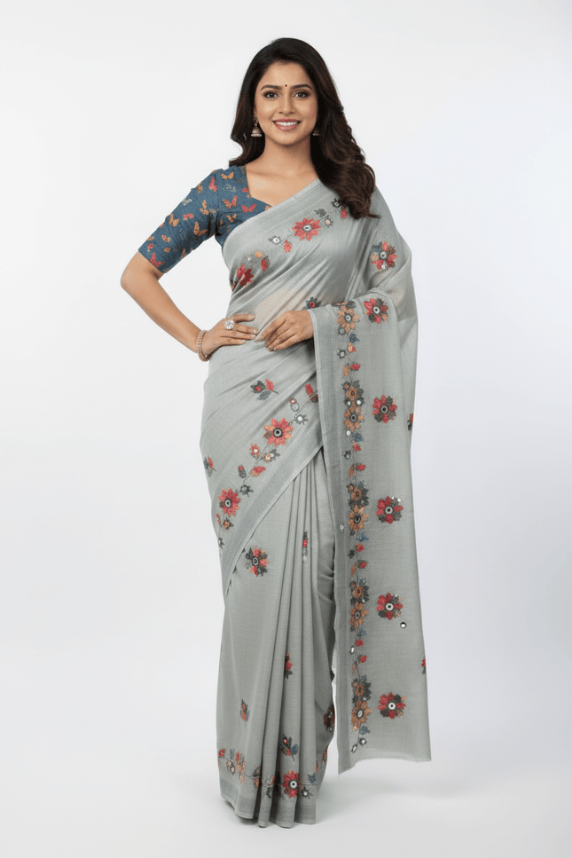 Erode Silk Saree with Digital Print, Aari Work & Mirror Tassel Pallu - Rosepetals Luxe