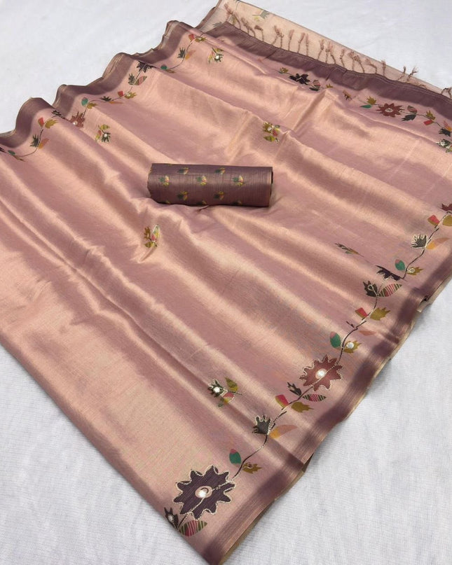 Erode Silk Saree with Digital Print, Aari Work & Mirror Tassel Pallu - Rosepetals Luxe