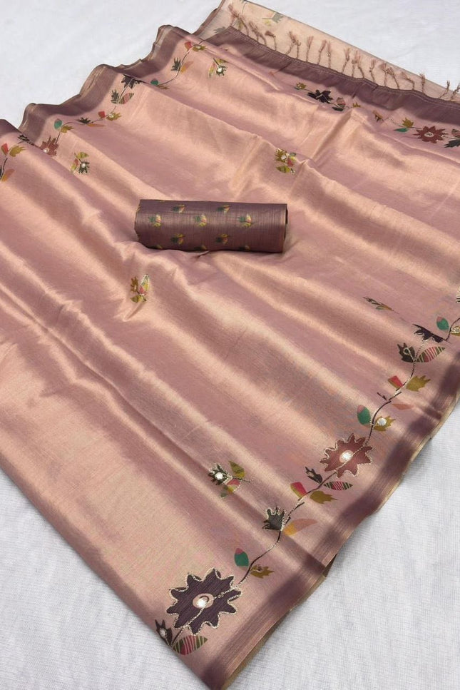 Erode Silk Saree with Digital Print, Aari Work & Mirror Tassel Pallu - Rosepetals Luxe