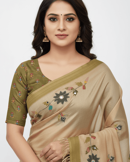Erode Silk Saree with Digital Print, Aari Work & Mirror Tassel Pallu - Rosepetals Luxe