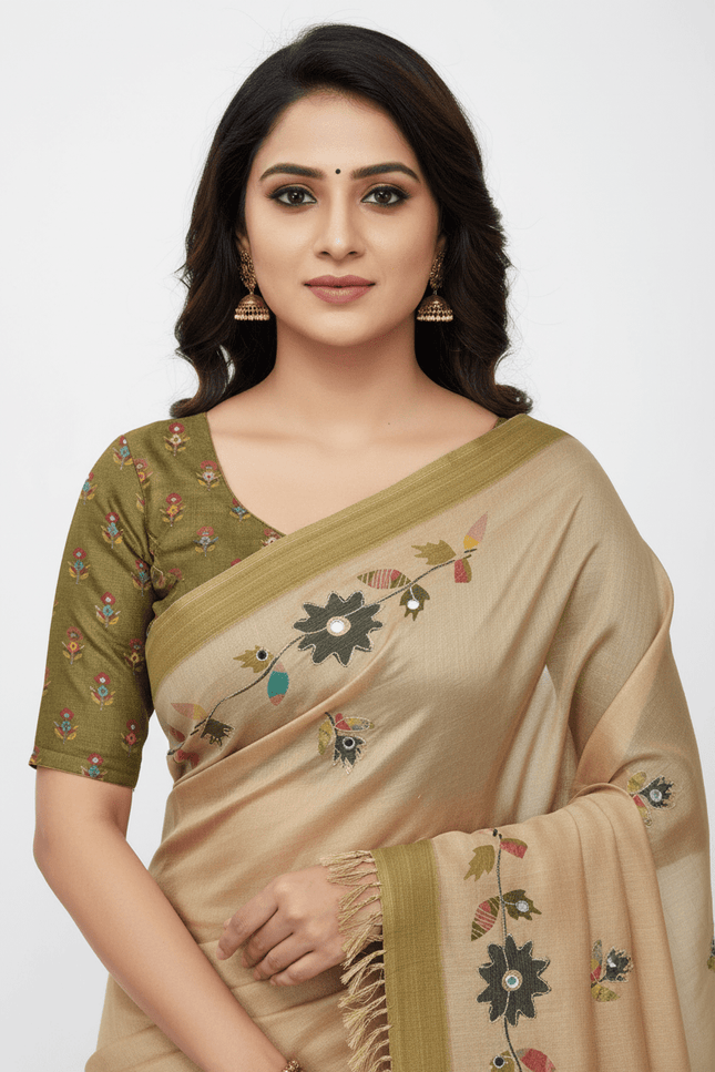 Erode Silk Saree with Digital Print, Aari Work & Mirror Tassel Pallu - Rosepetals Luxe