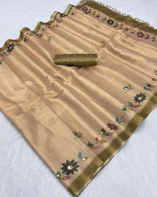 Erode Silk Saree with Digital Print, Aari Work & Mirror Tassel Pallu - Rosepetals Luxe