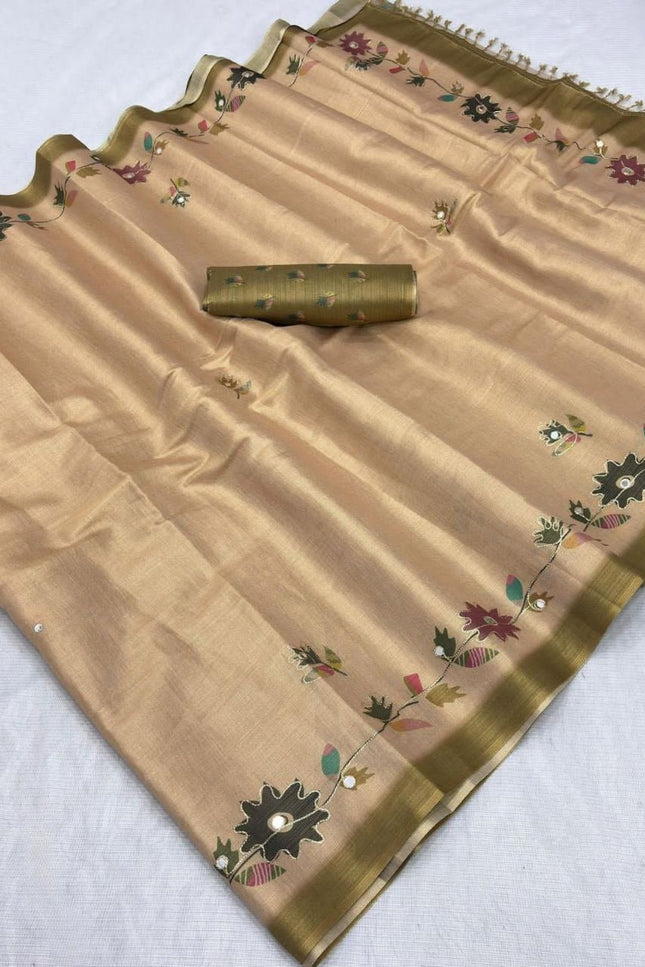 Erode Silk Saree with Digital Print, Aari Work & Mirror Tassel Pallu - Rosepetals Luxe