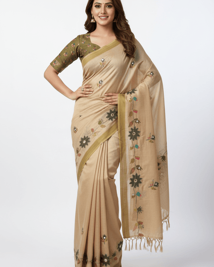 Erode Silk Saree with Digital Print, Aari Work & Mirror Tassel Pallu - Rosepetals Luxe