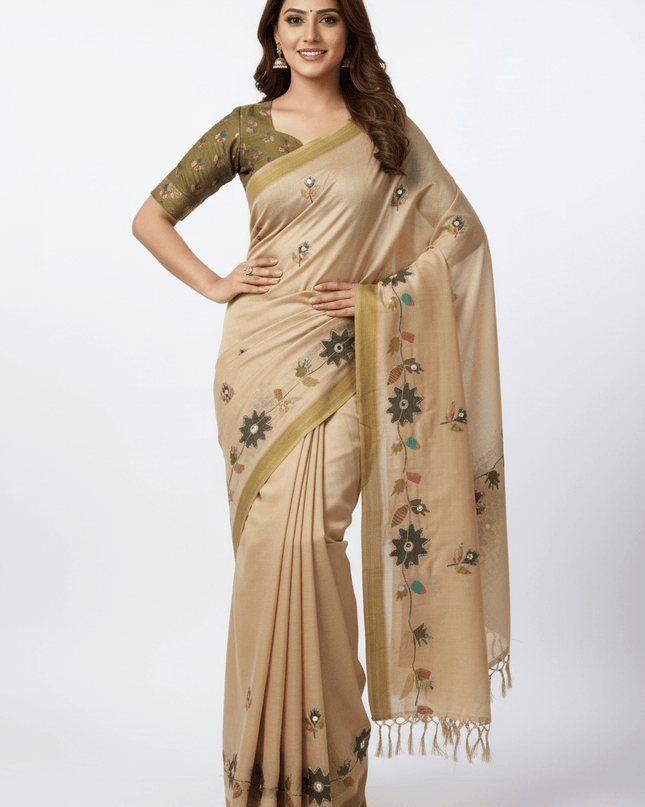 Erode Silk Saree with Digital Print, Aari Work & Mirror Tassel Pallu - Rosepetals Luxe