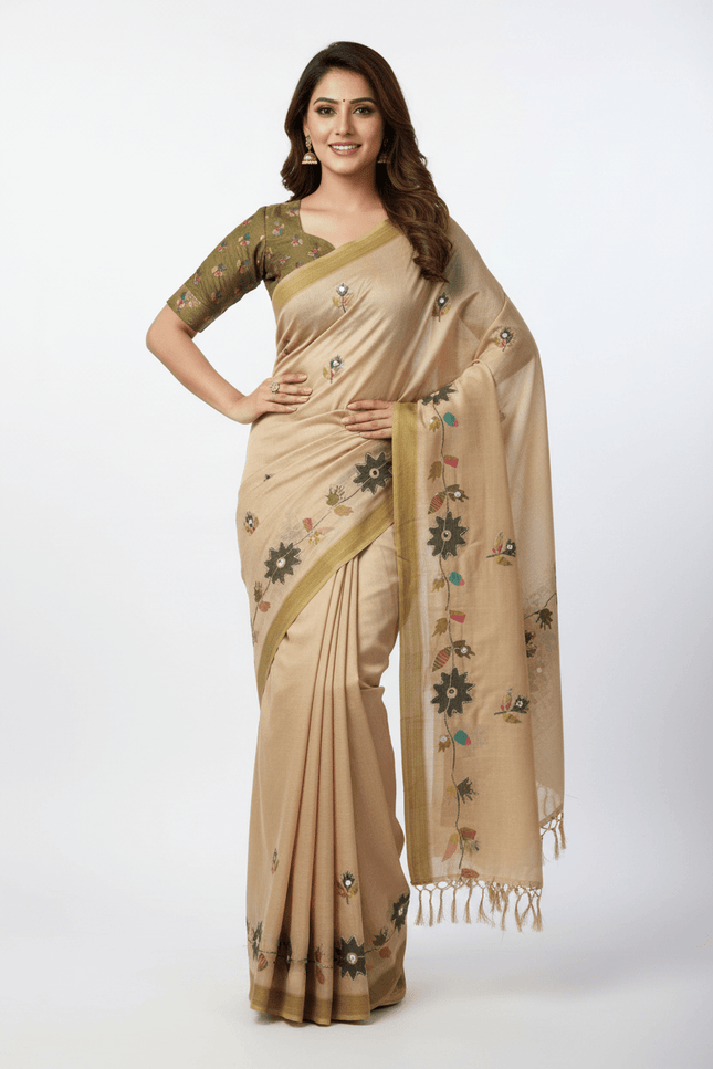 Erode Silk Saree with Digital Print, Aari Work & Mirror Tassel Pallu - Rosepetals Luxe