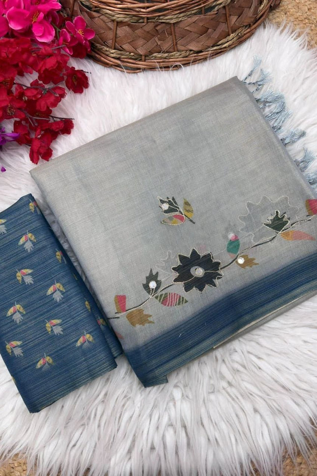 Erode Silk Saree with Digital Print, Aari Work & Mirror Tassel Pallu - Rosepetals Luxe