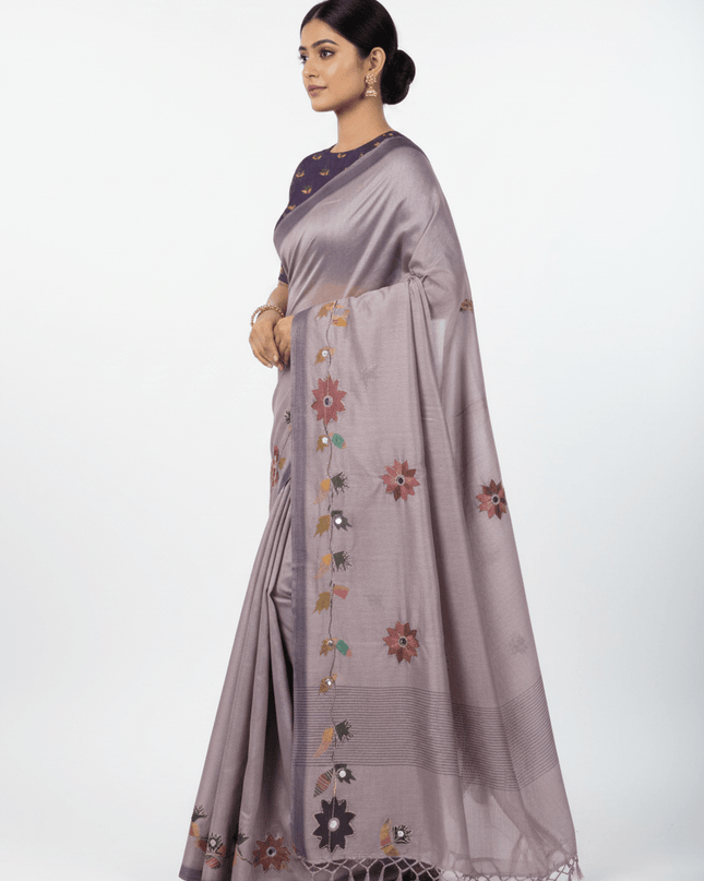 Erode Silk Saree with Digital Print, Aari Work & Mirror Tassel Pallu - Rosepetals Luxe