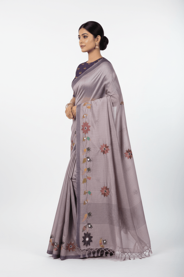 Erode Silk Saree with Digital Print, Aari Work & Mirror Tassel Pallu - Rosepetals Luxe
