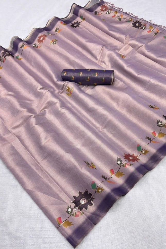 Erode Silk Saree with Digital Print, Aari Work & Mirror Tassel Pallu - Rosepetals Luxe