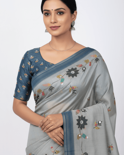 Erode Silk Saree with Digital Print, Aari Work & Mirror Tassel Pallu - Rosepetals Luxe