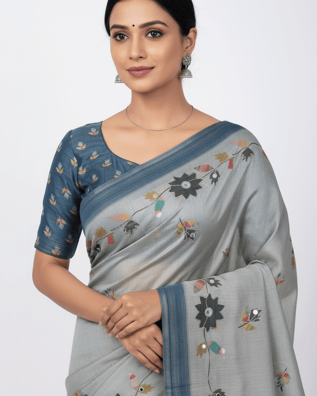 Erode Silk Saree with Digital Print, Aari Work & Mirror Tassel Pallu - Rosepetals Luxe