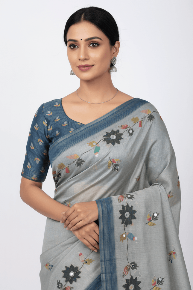 Erode Silk Saree with Digital Print, Aari Work & Mirror Tassel Pallu - Rosepetals Luxe