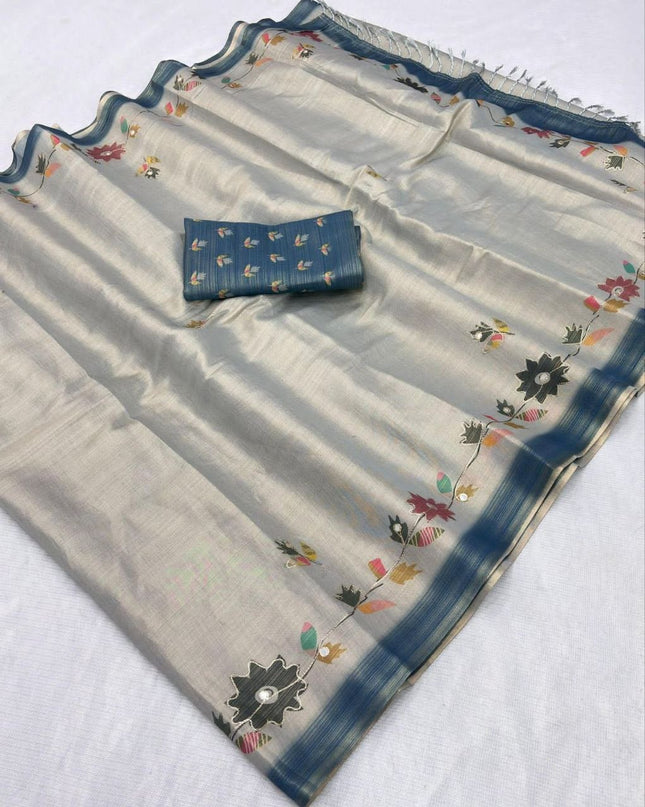 Erode Silk Saree with Digital Print, Aari Work & Mirror Tassel Pallu - Rosepetals Luxe