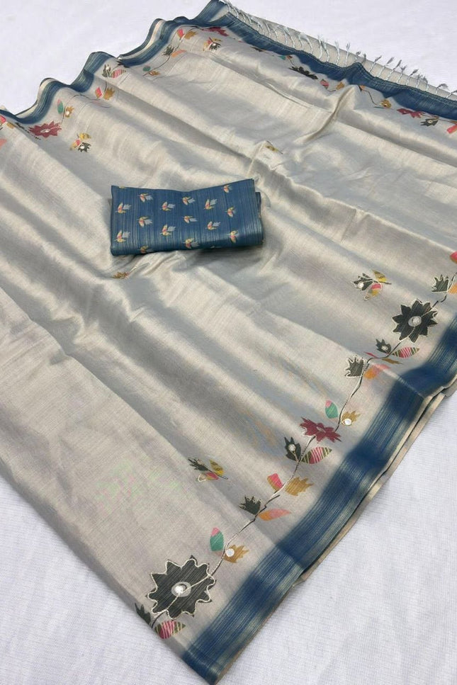 Erode Silk Saree with Digital Print, Aari Work & Mirror Tassel Pallu - Rosepetals Luxe