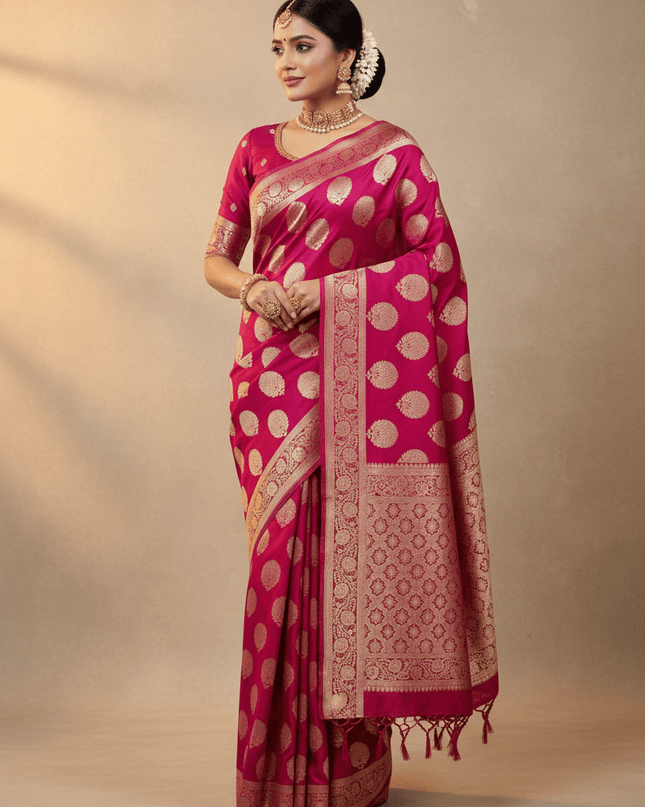 Exclusive Pure Banarasi Handloom Katan Silk Golden Zari Weaved Saree | Silkmark Certified - Rosepetals Luxe