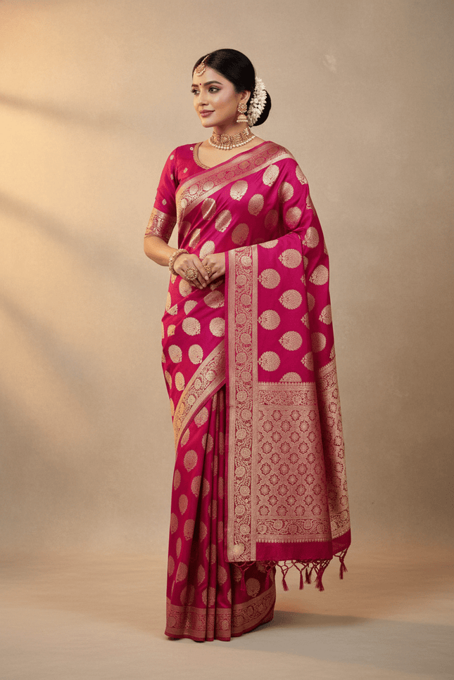 Exclusive Pure Banarasi Handloom Katan Silk Golden Zari Weaved Saree | Silkmark Certified - Rosepetals Luxe