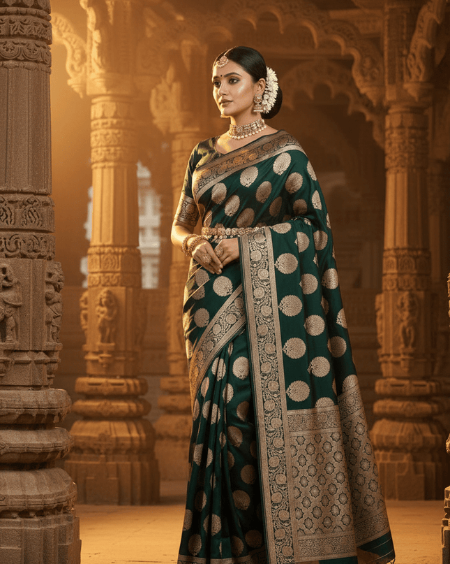 Exclusive Pure Banarasi Handloom Katan Silk Golden Zari Weaved Saree | Silkmark Certified - Rosepetals Luxe