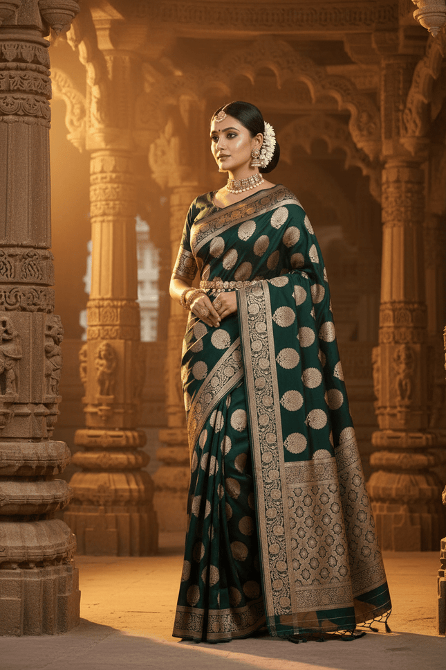 Exclusive Pure Banarasi Handloom Katan Silk Golden Zari Weaved Saree | Silkmark Certified - Rosepetals Luxe