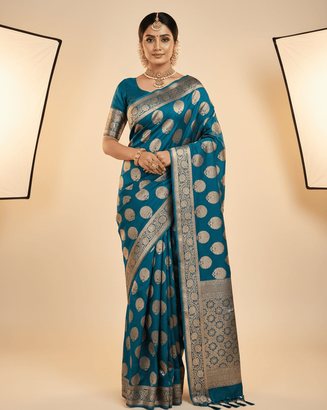 Exclusive Pure Banarasi Handloom Katan Silk Golden Zari Weaved Saree | Silkmark Certified - Rosepetals Luxe