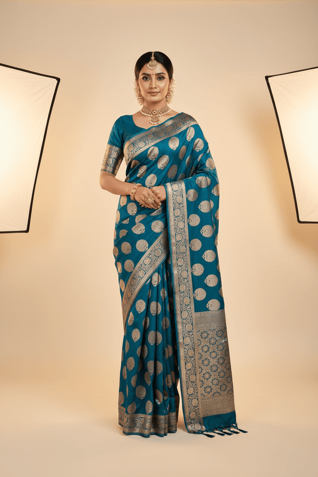 Exclusive Pure Banarasi Handloom Katan Silk Golden Zari Weaved Saree | Silkmark Certified - Rosepetals Luxe