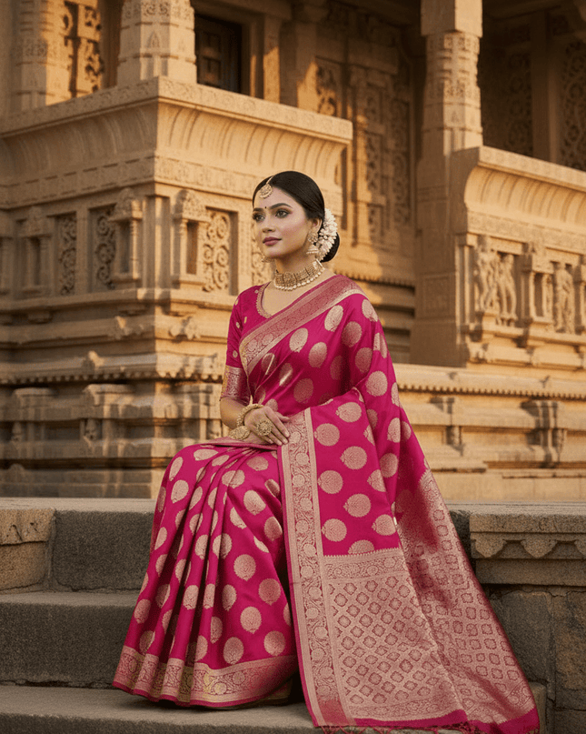 Exclusive Pure Banarasi Handloom Katan Silk Golden Zari Weaved Saree | Silkmark Certified - Rosepetals Luxe