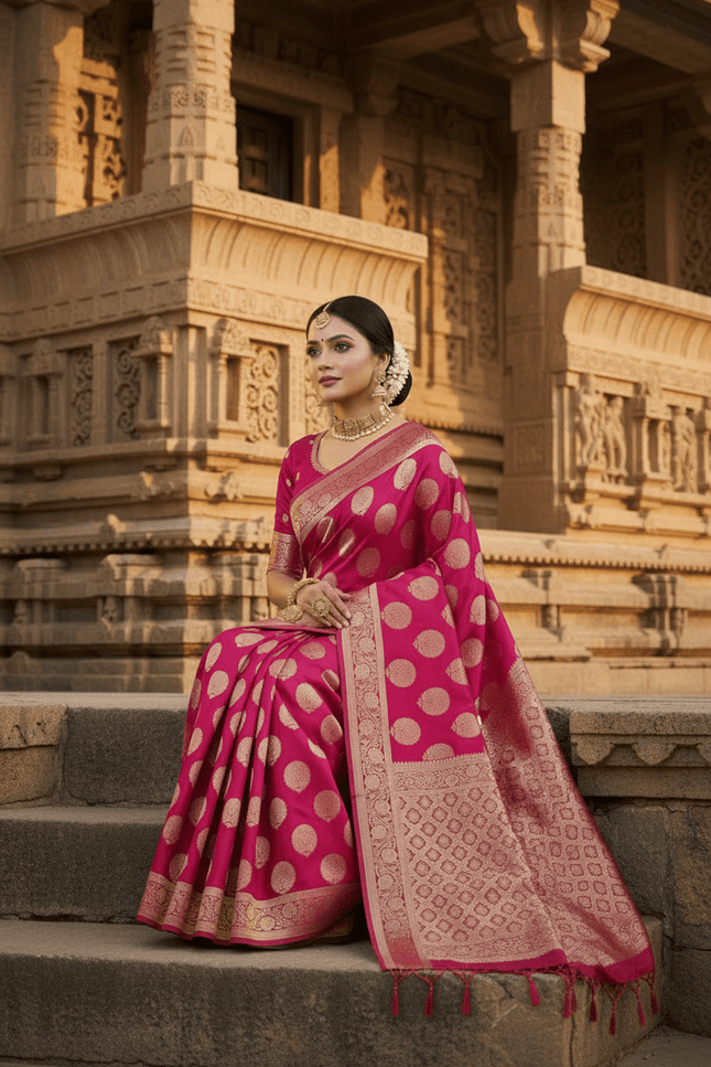 Exclusive Pure Banarasi Handloom Katan Silk Golden Zari Weaved Saree | Silkmark Certified - Rosepetals Luxe