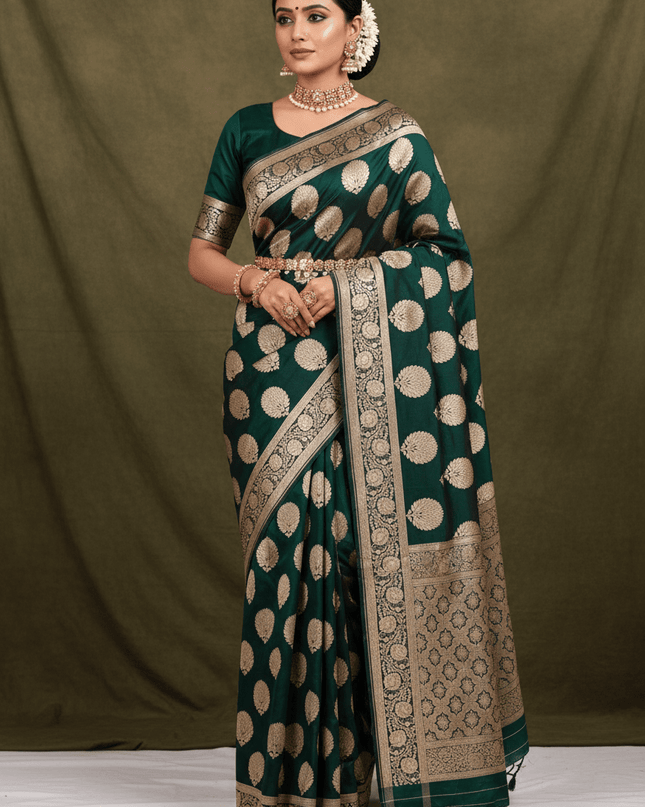 Exclusive Pure Banarasi Handloom Katan Silk Golden Zari Weaved Saree | Silkmark Certified - Rosepetals Luxe