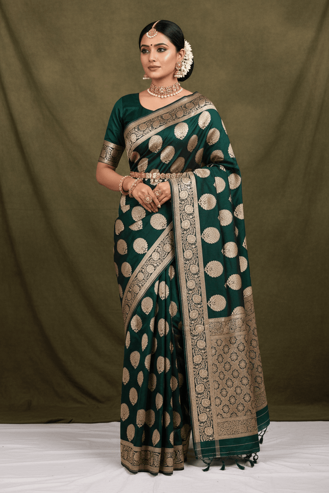 Exclusive Pure Banarasi Handloom Katan Silk Golden Zari Weaved Saree | Silkmark Certified - Rosepetals Luxe