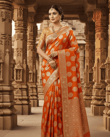 Exclusive Pure Banarasi Handloom Katan Silk Golden Zari Weaved Saree | Silkmark Certified - Rosepetals Luxe
