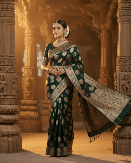 Exclusive Pure Banarasi Handloom Katan Silk Golden Zari Weaved Saree | Silkmark Certified - Rosepetals Luxe