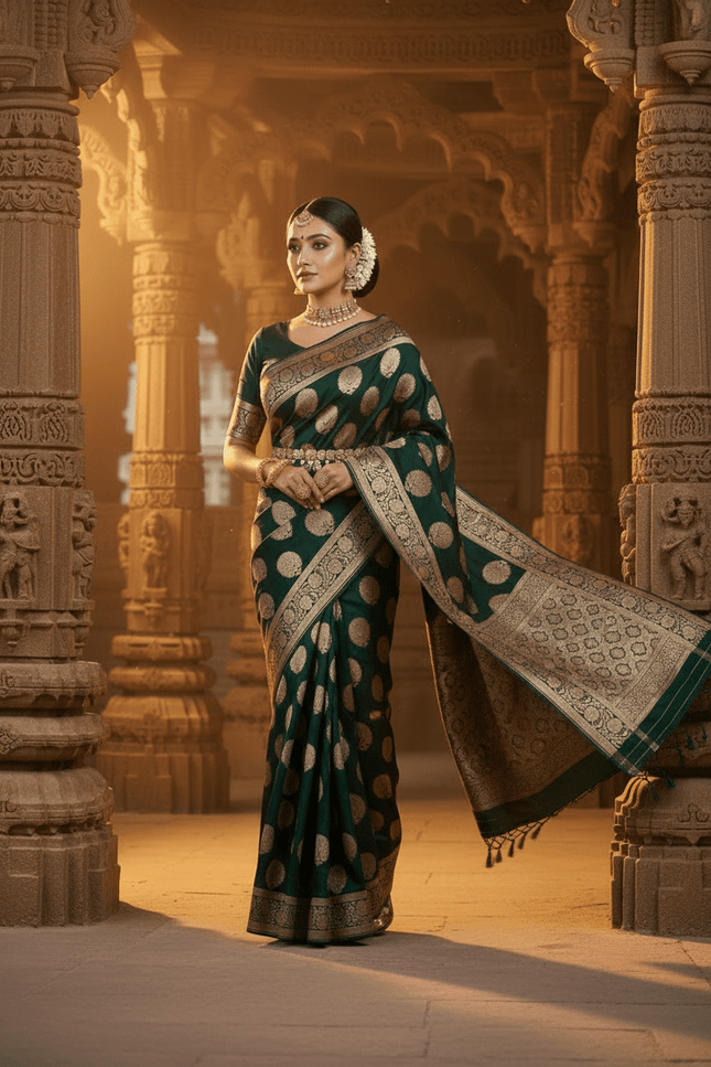 Exclusive Pure Banarasi Handloom Katan Silk Golden Zari Weaved Saree | Silkmark Certified - Rosepetals Luxe