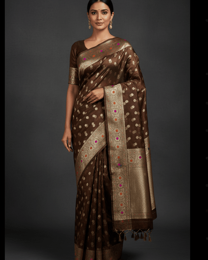 Model wearing Exclusive Pure Tissue Silk Saree with Plain Blouse Piece – side view Lightweight tissue silk saree in a luminous drape – Rosepetals Luxe