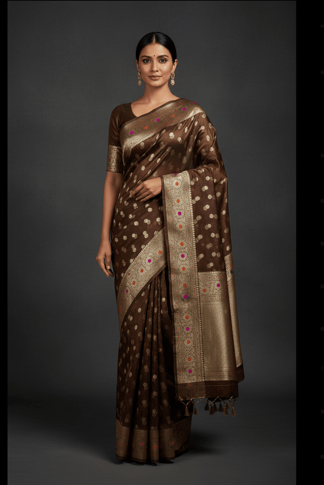 Model wearing Exclusive Pure Tissue Silk Saree with Plain Blouse Piece – side view Lightweight tissue silk saree in a luminous drape – Rosepetals Luxe