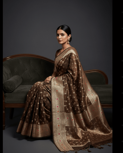 Model wearing Exclusive Pure Tissue Silk Saree with Plain Blouse Piece - Rosepetals Luxe