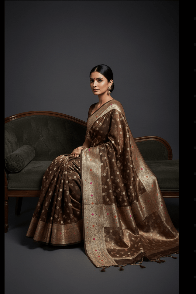 Model wearing Exclusive Pure Tissue Silk Saree with Plain Blouse Piece - Rosepetals Luxe
