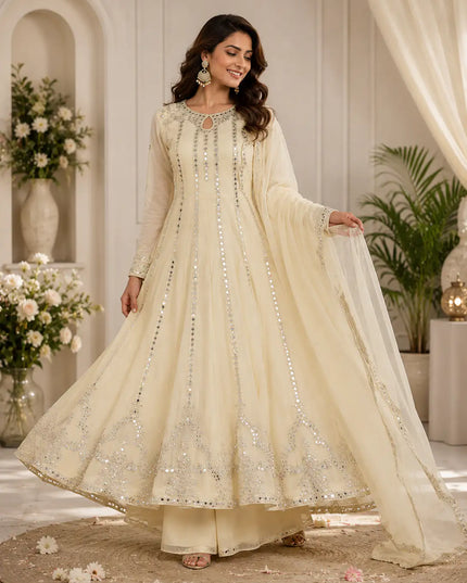 Festive Georgette Gown with Lehenga and Dupatta | Sequence Embroidery and Real Mirror Work Designer Ethnic Set