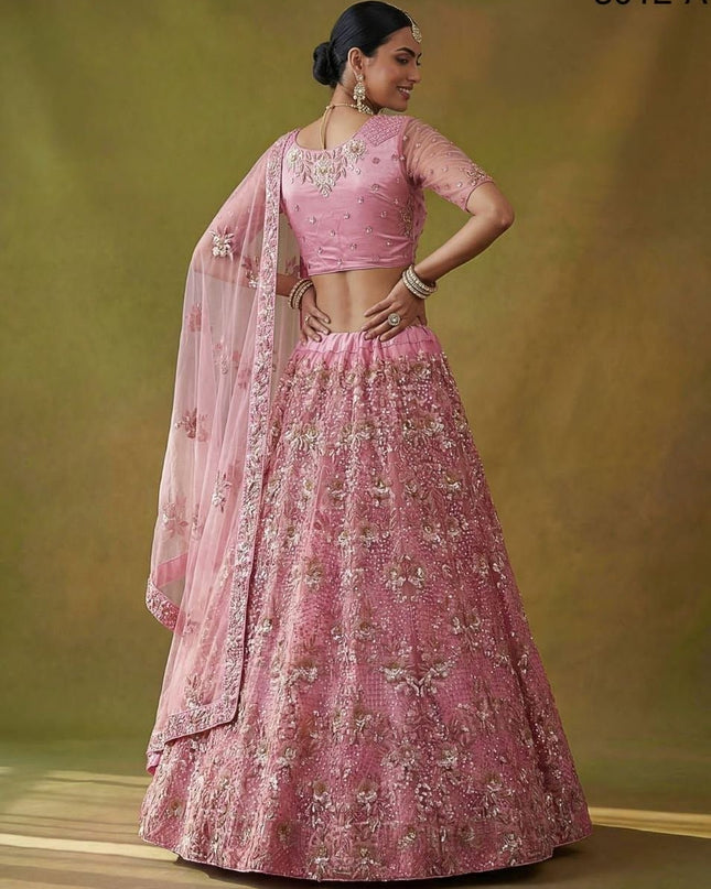 Fancy Flower Work Heavy Net Bridal Lehenga | Thread & Zari Work | Festive Wear - Rosepetals Luxe