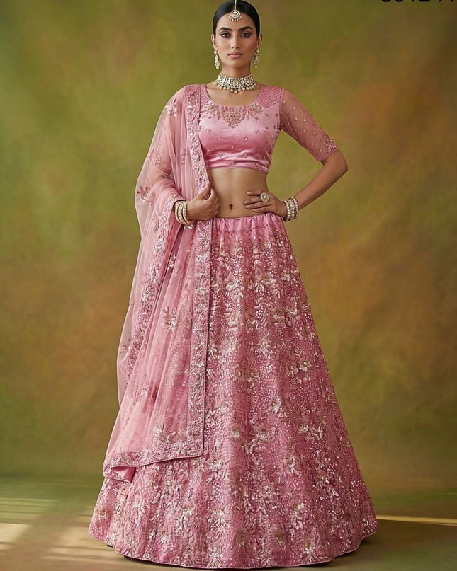 Fancy Flower Work Heavy Net Bridal Lehenga | Thread & Zari Work | Festive Wear - Rosepetals Luxe