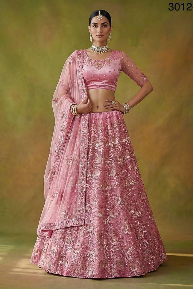 Fancy Flower Work Heavy Net Bridal Lehenga | Thread & Zari Work | Festive Wear - Rosepetals Luxe