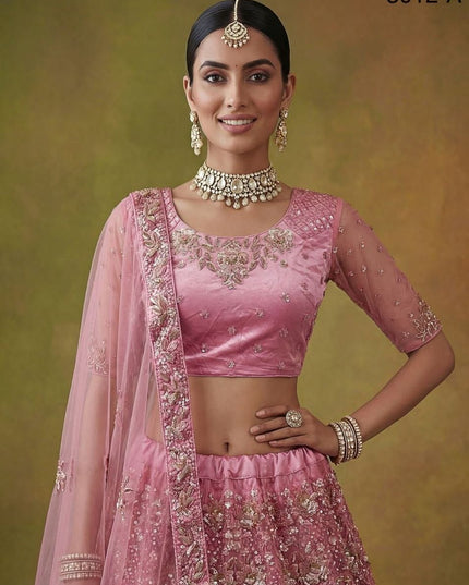 Fancy Flower Work Heavy Net Bridal Lehenga | Thread & Zari Work | Festive Wear - Rosepetals Luxe