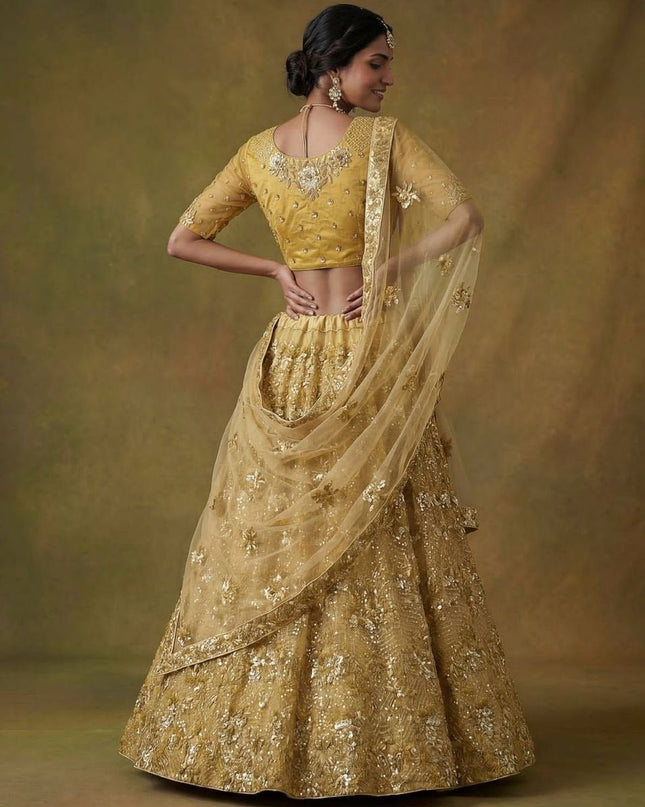 Fancy Flower Work Heavy Net Bridal Lehenga | Thread & Zari Work | Festive Wear - Rosepetals Luxe
