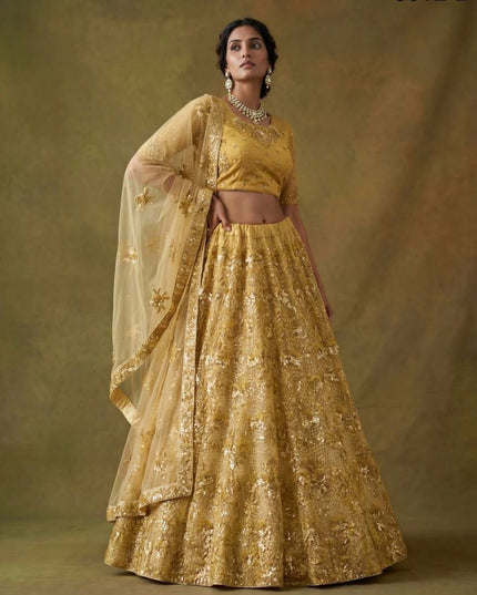 Fancy Flower Work Heavy Net Bridal Lehenga | Thread & Zari Work | Festive Wear - Rosepetals Luxe